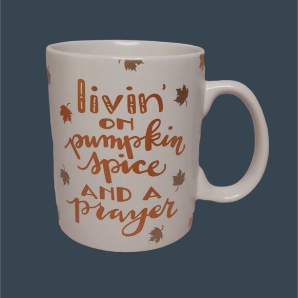 Livin On Pumpkin Spice And A Prayer Coffee Mug 15 Oz Microwave Oven & Dishwasher - Picture 1 of 4